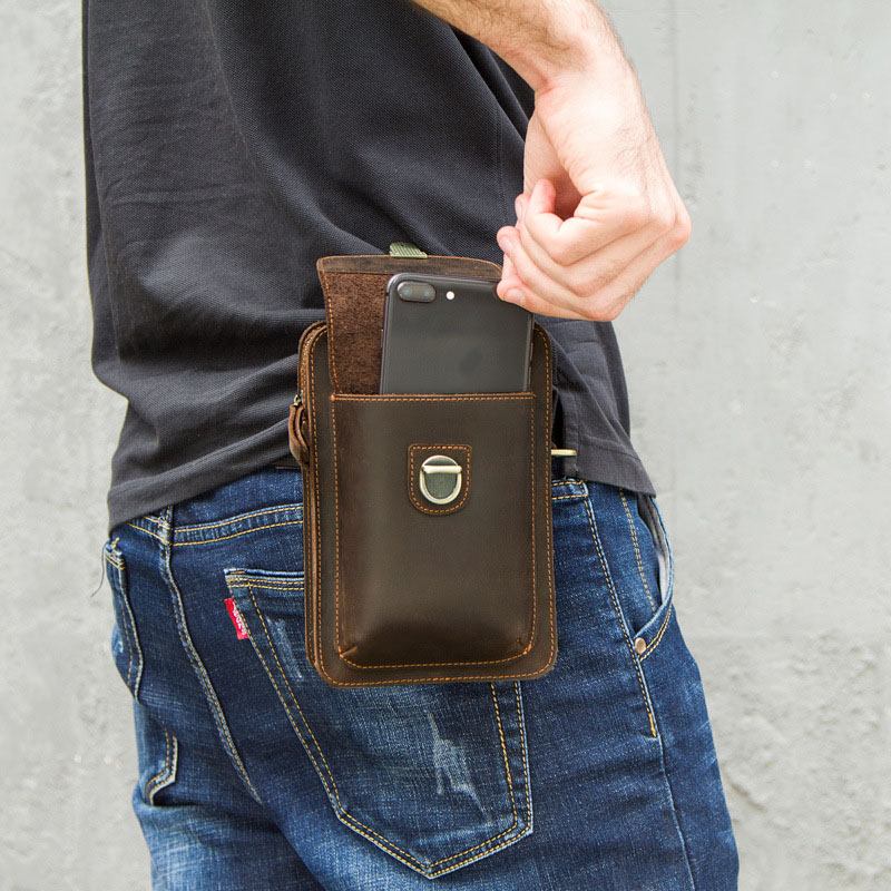 Menn Ekte Skinn Retro Uformelt Utendørs Multi-bære Telefonveske Crossbody Veske Midjeveske For 5.8 Tommers Telefon