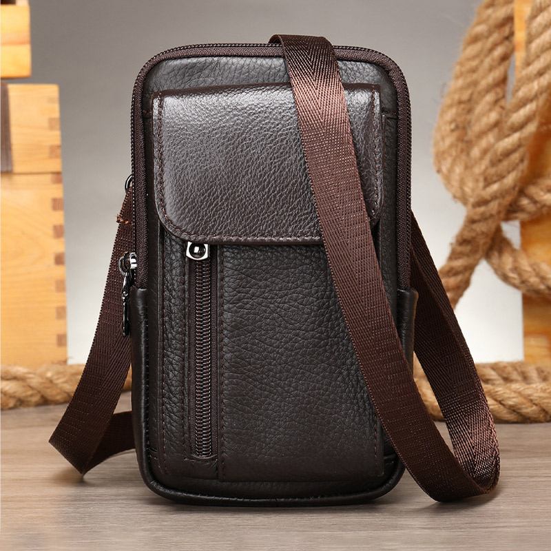 Menn Retro Dobbeltlags Kuskinn Midjeveske Uformelt Slitesterk 6.5 Tommers Telefonveske Belteveske Crossbody-veske Skulderveske