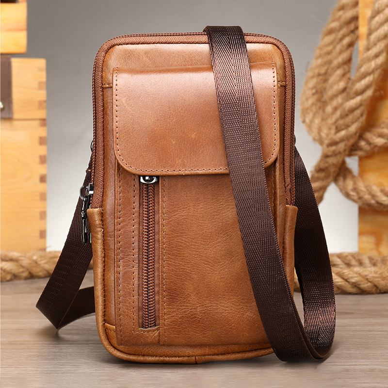 Menn Retro Dobbeltlags Kuskinn Midjeveske Uformelt Slitesterk 6.5 Tommers Telefonveske Belteveske Crossbody-veske Skulderveske