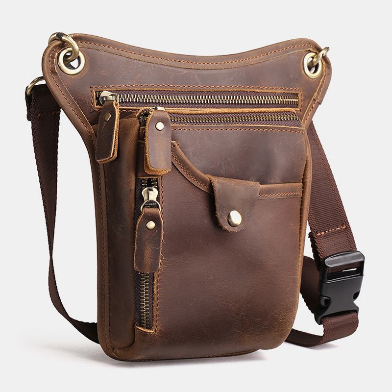 Menn Retro Ekte Lær Multi-lomme Midjeveske Outdoor Sport 6.5 Tommers Telefonveske Glidelås Crossbody-vesker Skulderveske