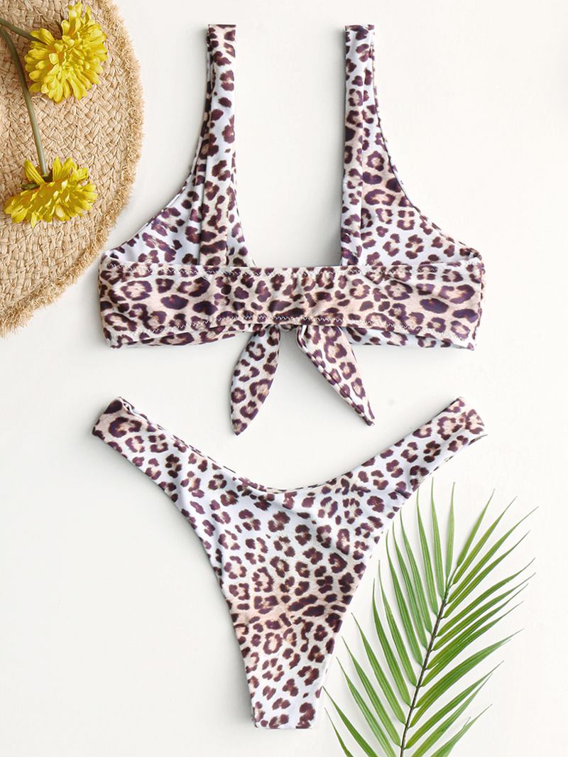 Animal Leopard Med Trykk Tie Front Bred Skulder Ryggløs Mid Waist Bikini