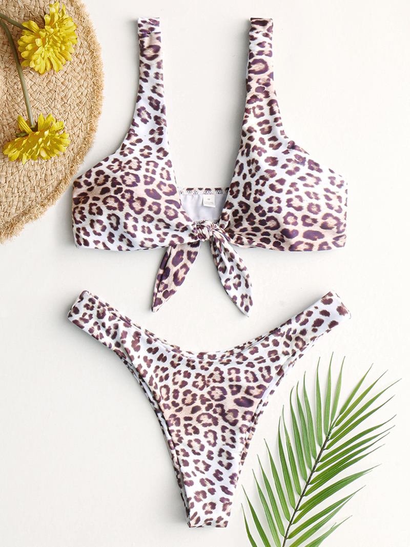 Animal Leopard Med Trykk Tie Front Bred Skulder Ryggløs Mid Waist Bikini