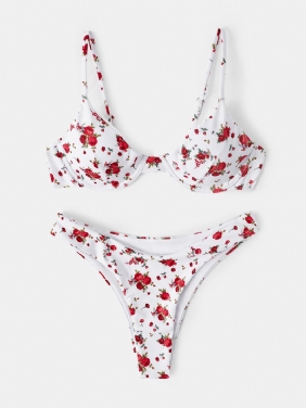 Blomstrete Med Trykk Justerbare Stropper Sommer Beach Bikini Sett