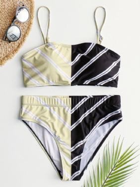 Dame Chevron Solid Color Patchwork Bikini Beach Badedrakt Med Høy Midje