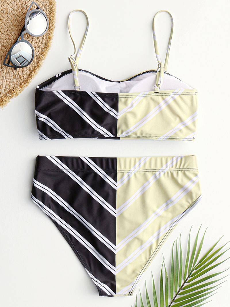 Dame Chevron Solid Color Patchwork Bikini Beach Badedrakt Med Høy Midje