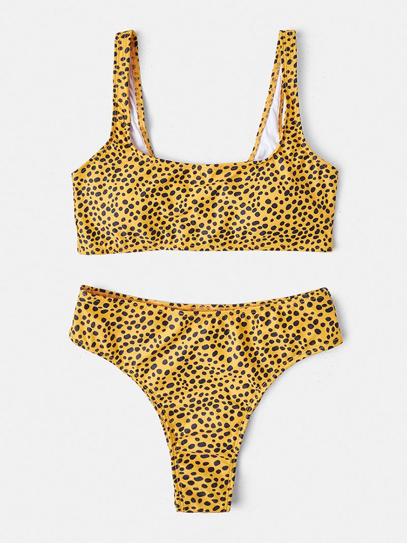 Dame Leopard Brede Skulderstropper Badedrakt Ryggløs Bikini