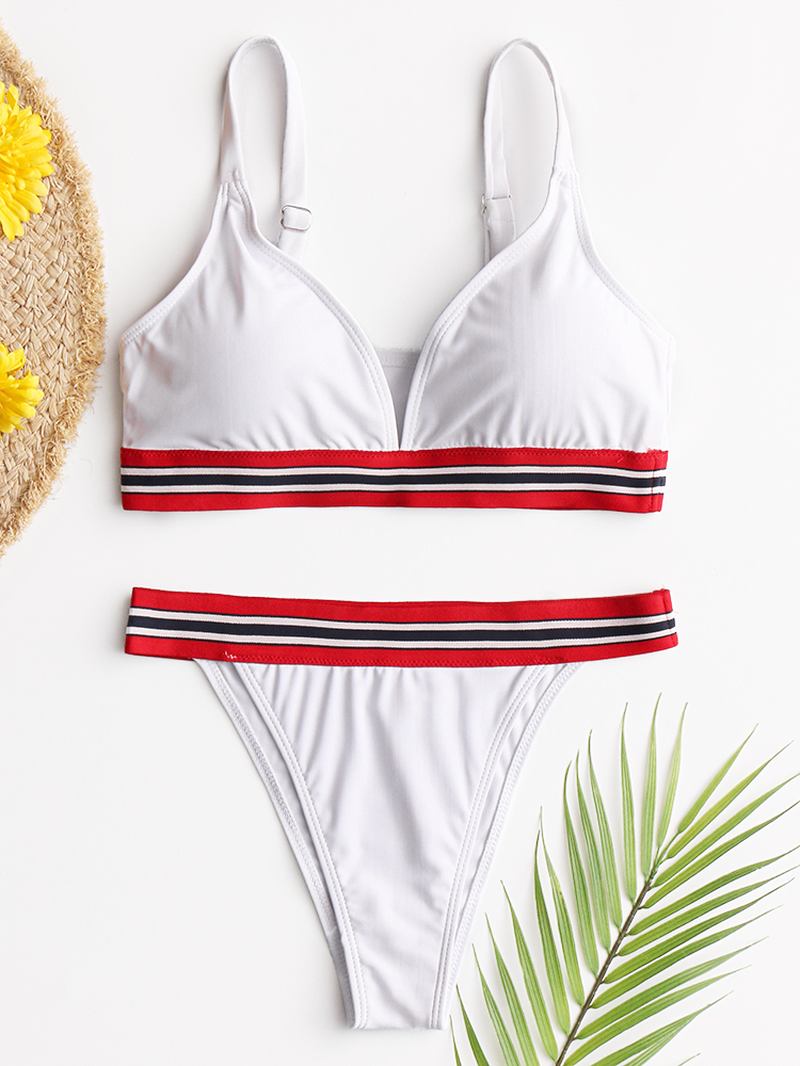 Dame Striped Trim Spaghetti Straps Backless Bikinithong Badedrakt