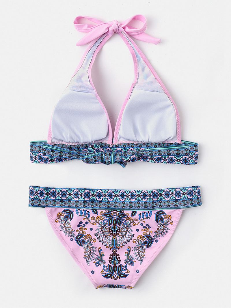 Etnisk Blomsterprint Knotted Halter String Sommer Beach Bikini Sett