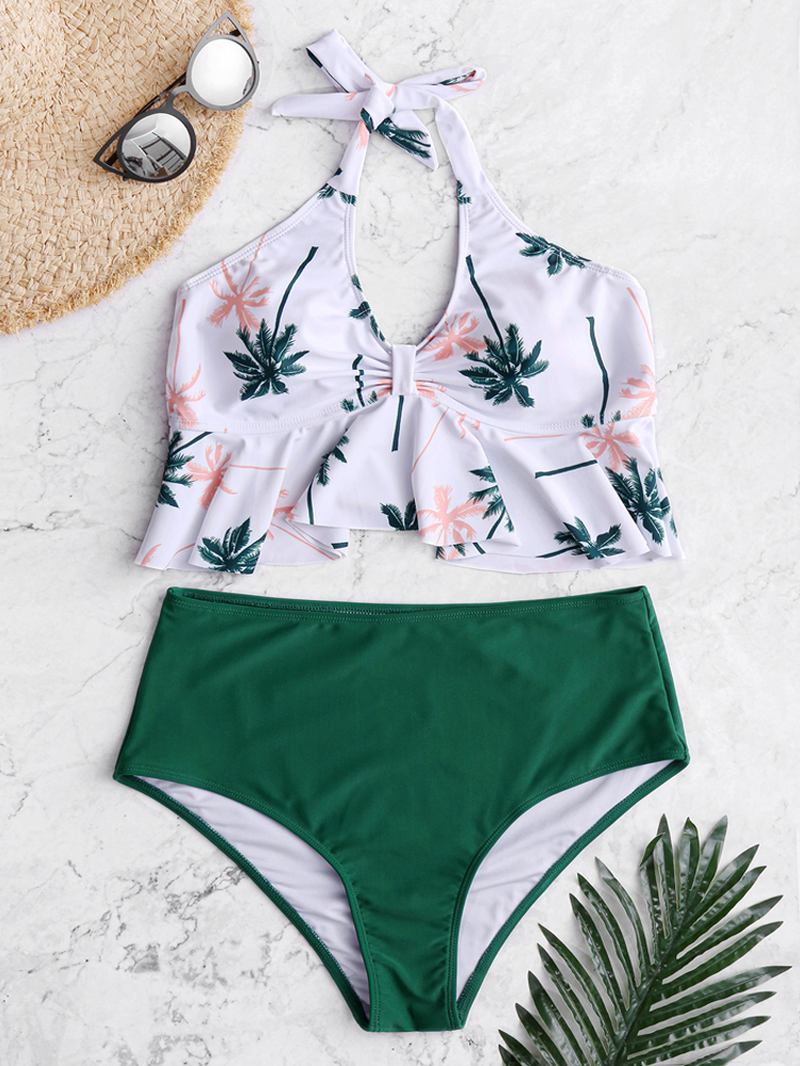 Floratrykt Grime Tropical Leaves Med Trykk Ruffle Bottom Backless Badetøy