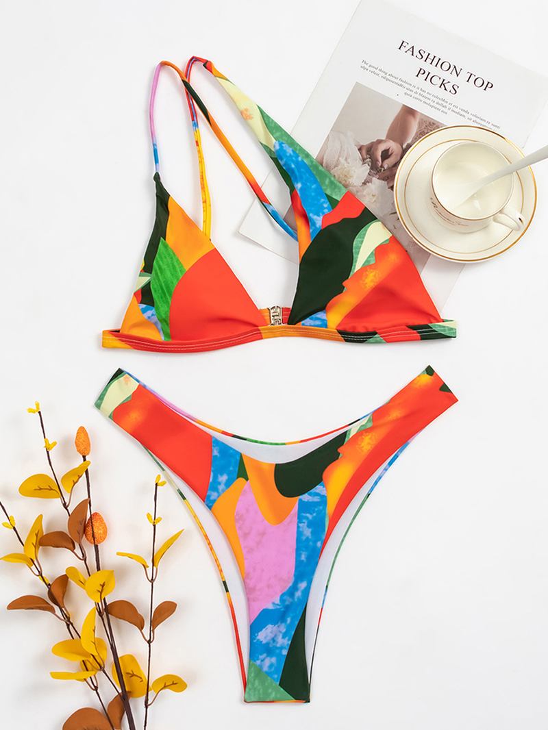 Geometri Mønster Med Trykk Color Block One Shoulder Criss-cross Hawaii Bikini