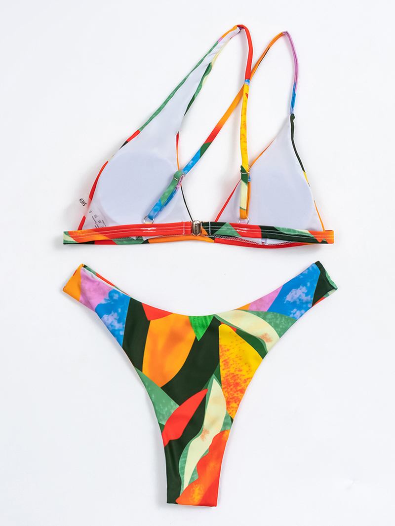 Geometri Mønster Med Trykk Color Block One Shoulder Criss-cross Hawaii Bikini