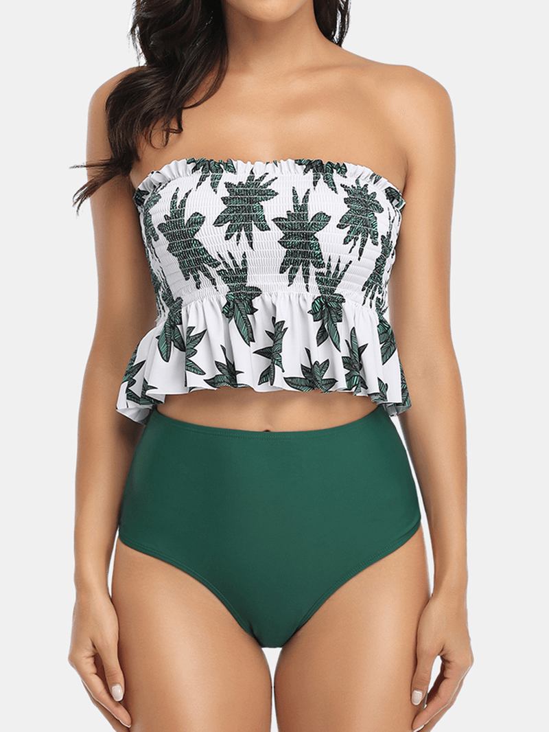 Hawaii Stil Kvinner Tropical Leaves Med Trykk Ruffles Hem Beach High Waist Bikini