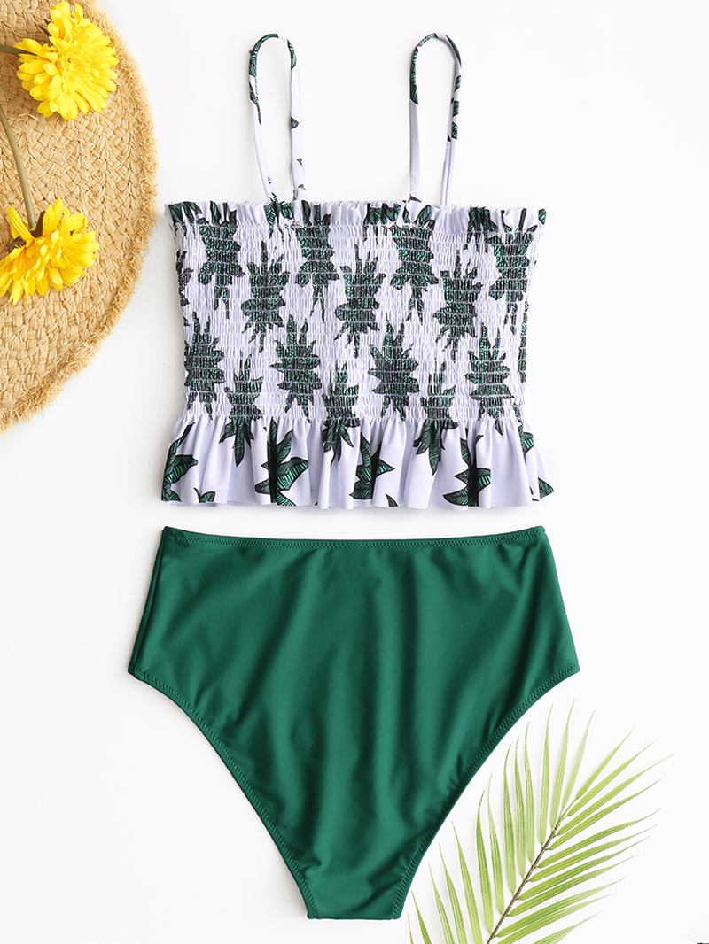 Hawaii Stil Kvinner Tropical Leaves Med Trykk Ruffles Hem Beach High Waist Bikini