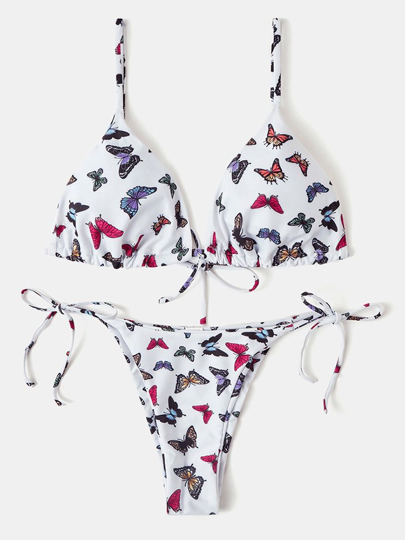 Kvinner Fargerike Butterfly Med Trykk Spaghetti Straps Backless Thong Bikinier