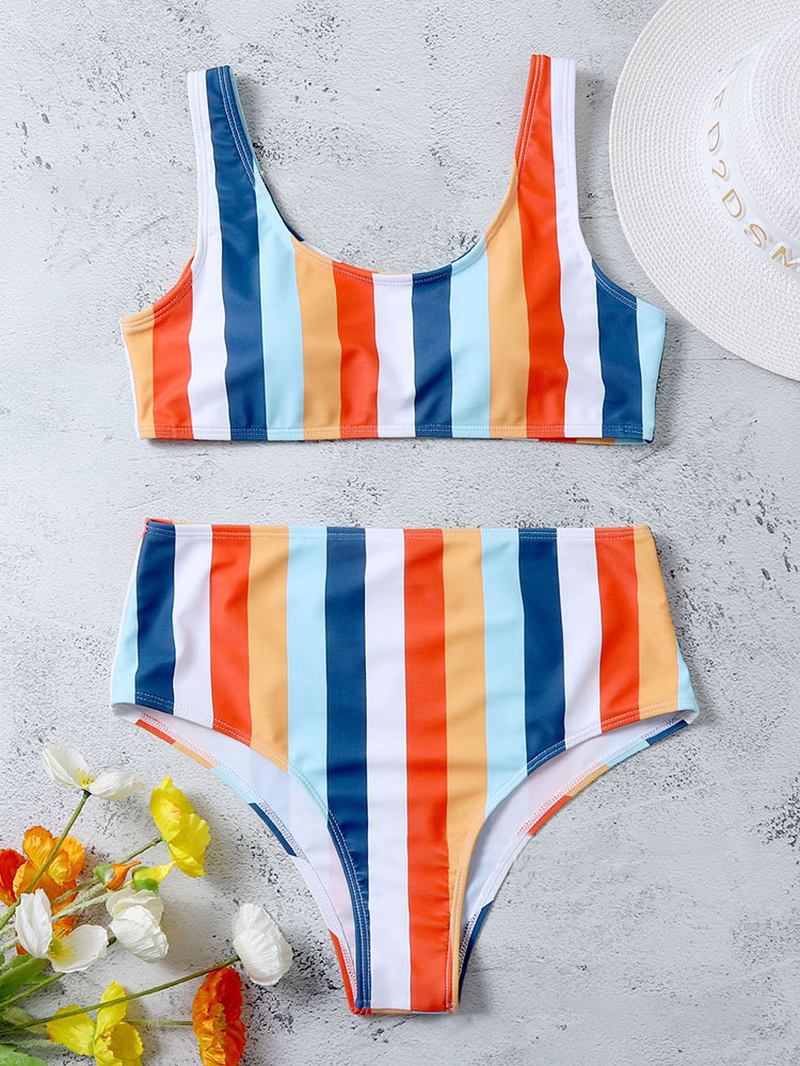 Kvinner Fargerike Stripe Brede Stropper Topp Høy Midje Bikinis Badedrakt