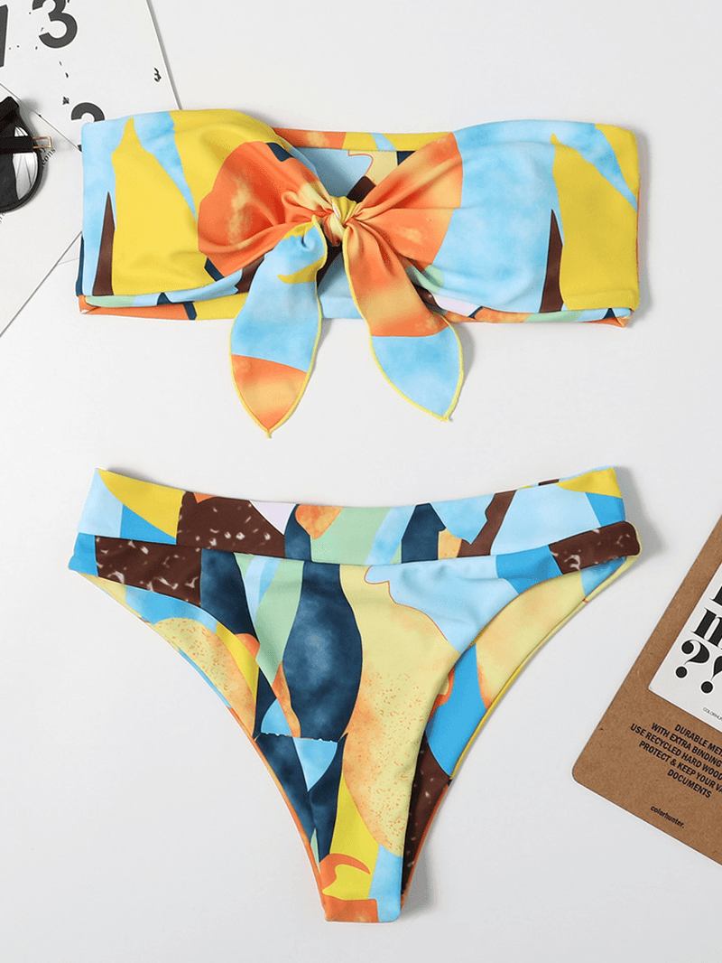 Kvinner Fargerikt Med Trykk Tie Front Bandeau Stroppeløse Bikinier Med Thong