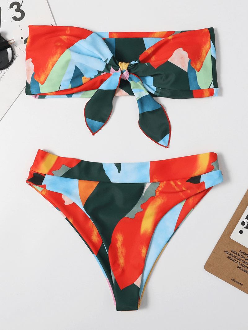 Kvinner Fargerikt Med Trykk Tie Front Bandeau Stroppeløse Bikinier Med Thong