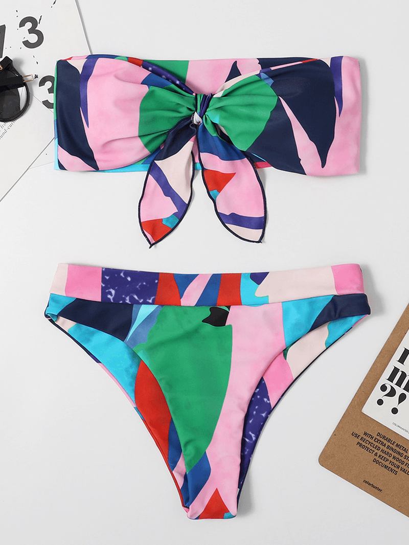 Kvinner Fargerikt Med Trykk Tie Front Bandeau Stroppeløse Bikinier Med Thong