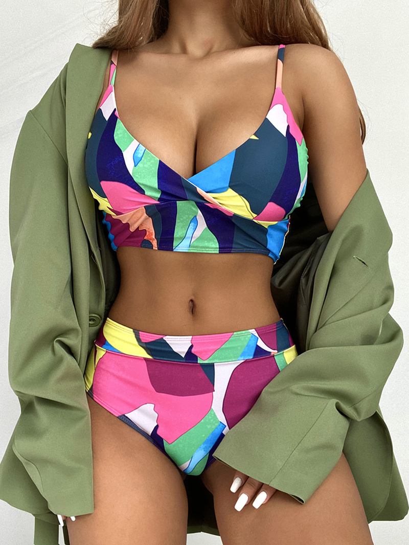 Kvinner Geometri Med Trykk High Waist Bikini Spaghetti Straps Badetøy