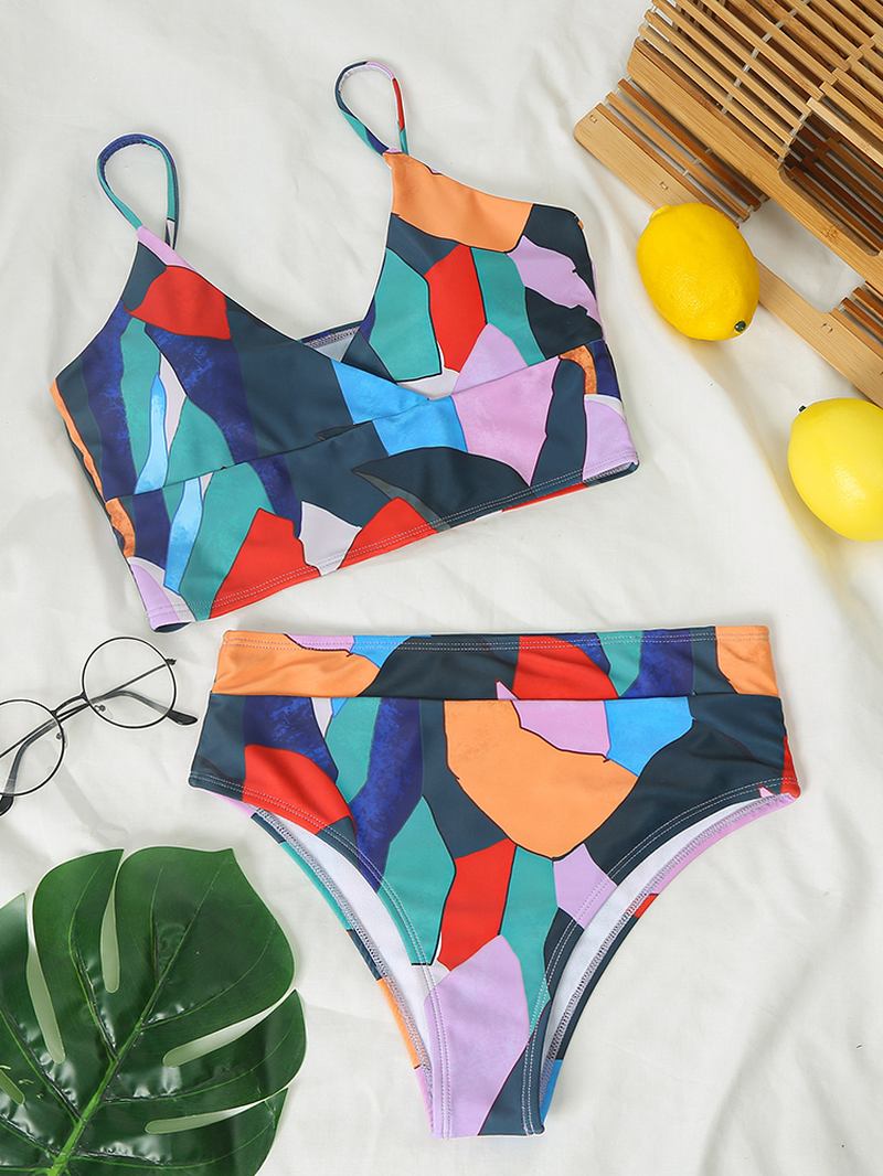 Kvinner Geometri Med Trykk High Waist Bikini Spaghetti Straps Badetøy