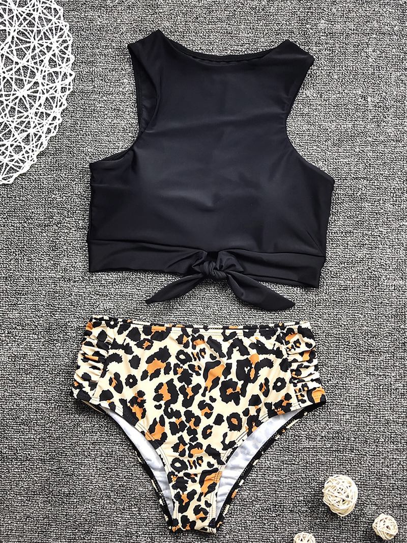 Kvinner Leopard Med Trykk Tie Front High Neck Hot High Waist Bikini