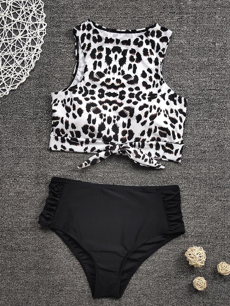 Kvinner Leopard Med Trykk Tie Front High Neck Hot High Waist Bikini