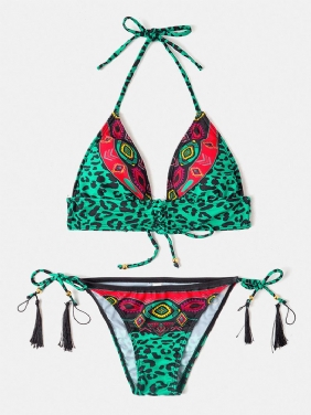 Kvinner Leopard Patchwork Etnisk Med Trykk Halter String Bikini Backless Badetøy