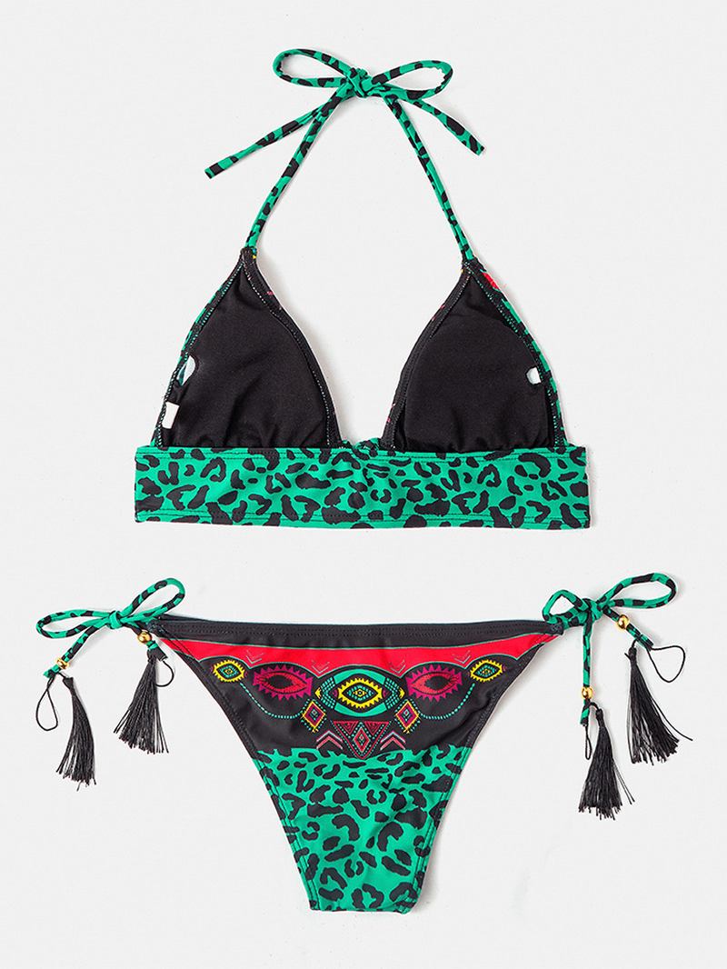 Kvinner Leopard Patchwork Etnisk Med Trykk Halter String Bikini Backless Badetøy