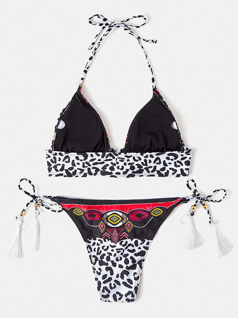 Kvinner Leopard Patchwork Etnisk Med Trykk Halter String Bikini Backless Badetøy