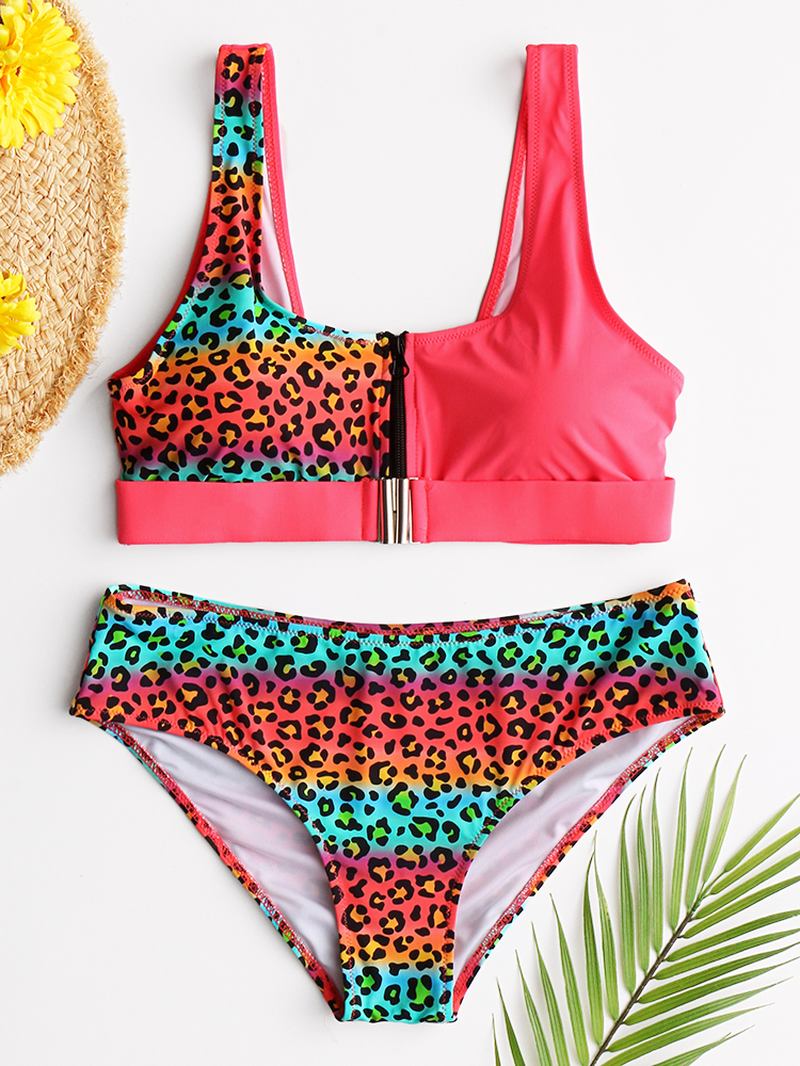 Kvinner Leopard Patchwork Front Zipper Bikini Backless Badetøy