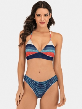 Kvinner Multi-color Stripet Triangle Backless Badedrakt Bikini