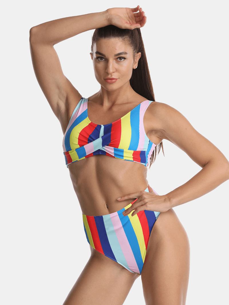 Kvinner Multicolor Stripe Fold Plisserte Brede Stropper Høyt Midjet Bikinis Badedrakt