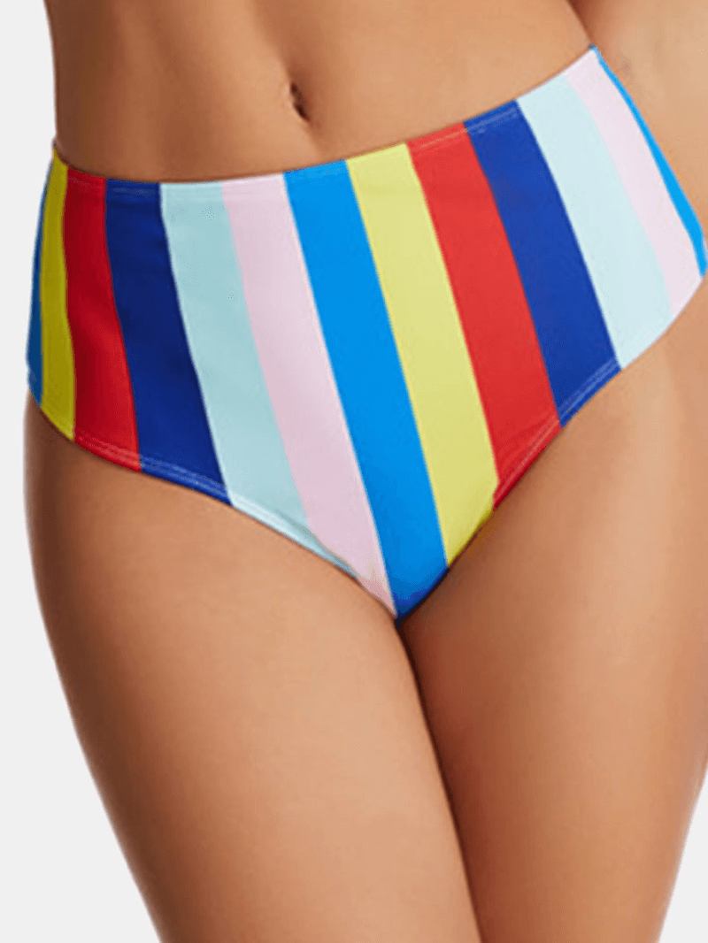 Kvinner Multicolor Stripe Fold Plisserte Brede Stropper Høyt Midjet Bikinis Badedrakt