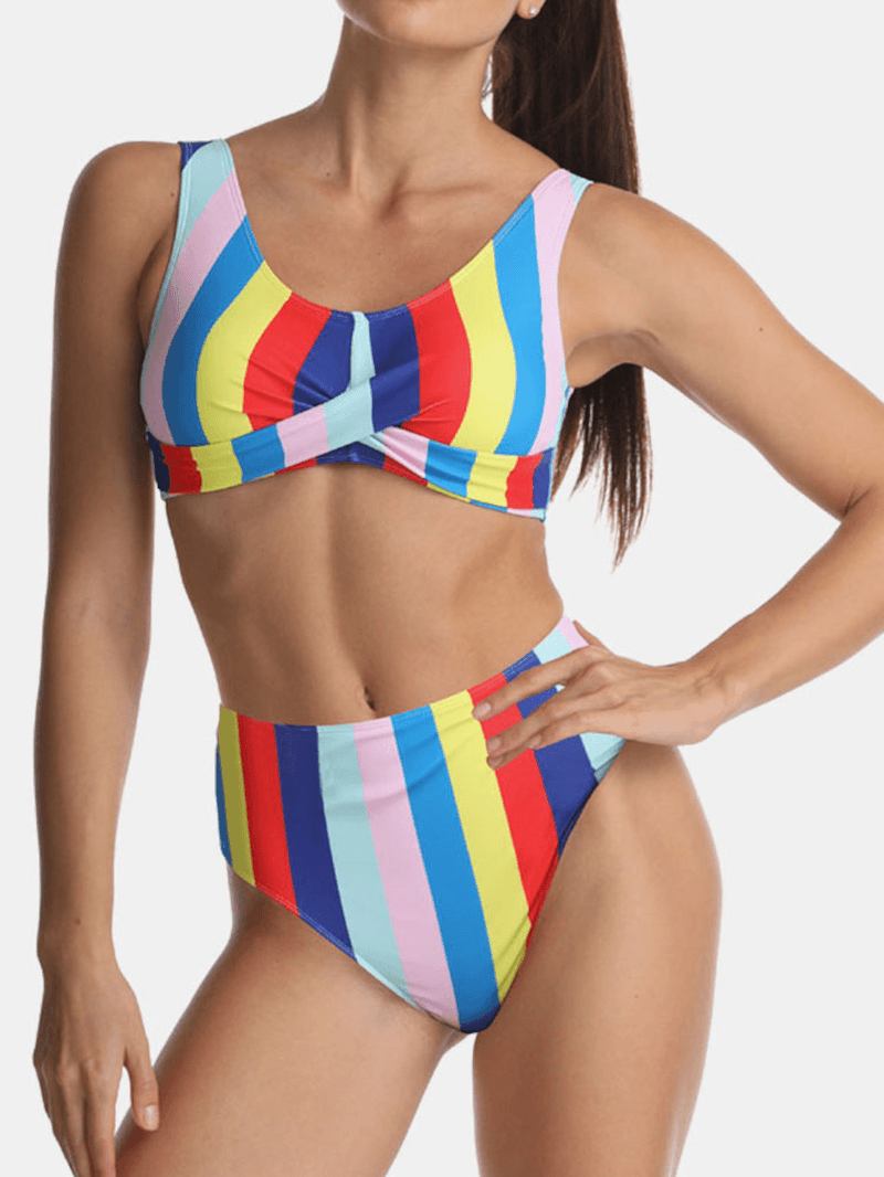 Kvinner Multicolor Stripe Fold Plisserte Brede Stropper Høyt Midjet Bikinis Badedrakt