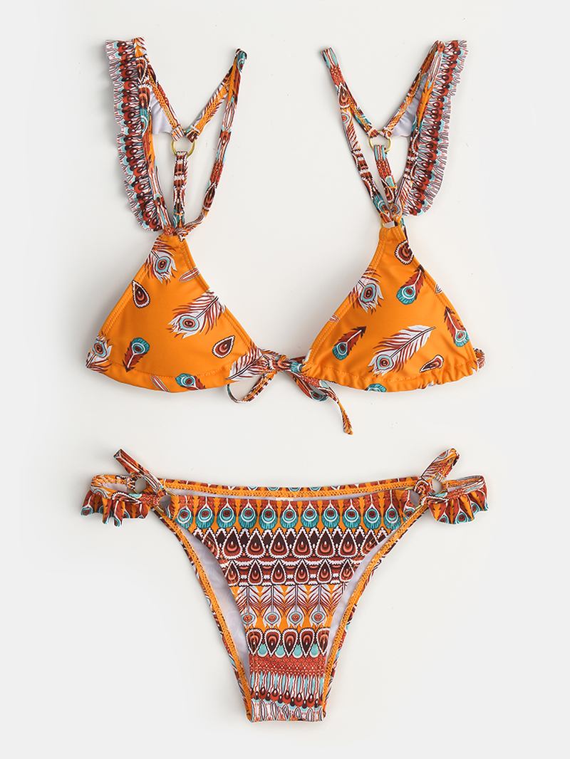 Kvinner Retro Med Trykk Bikini Ruffled Straps String Triangle Backless Badetøy