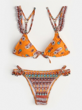 Kvinner Retro Med Trykk Bikini Ruffled Straps String Triangle Backless Badetøy