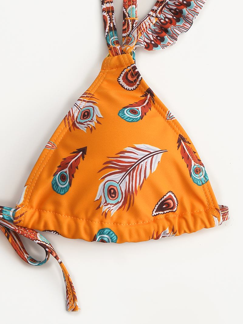 Kvinner Retro Med Trykk Bikini Ruffled Straps String Triangle Backless Badetøy