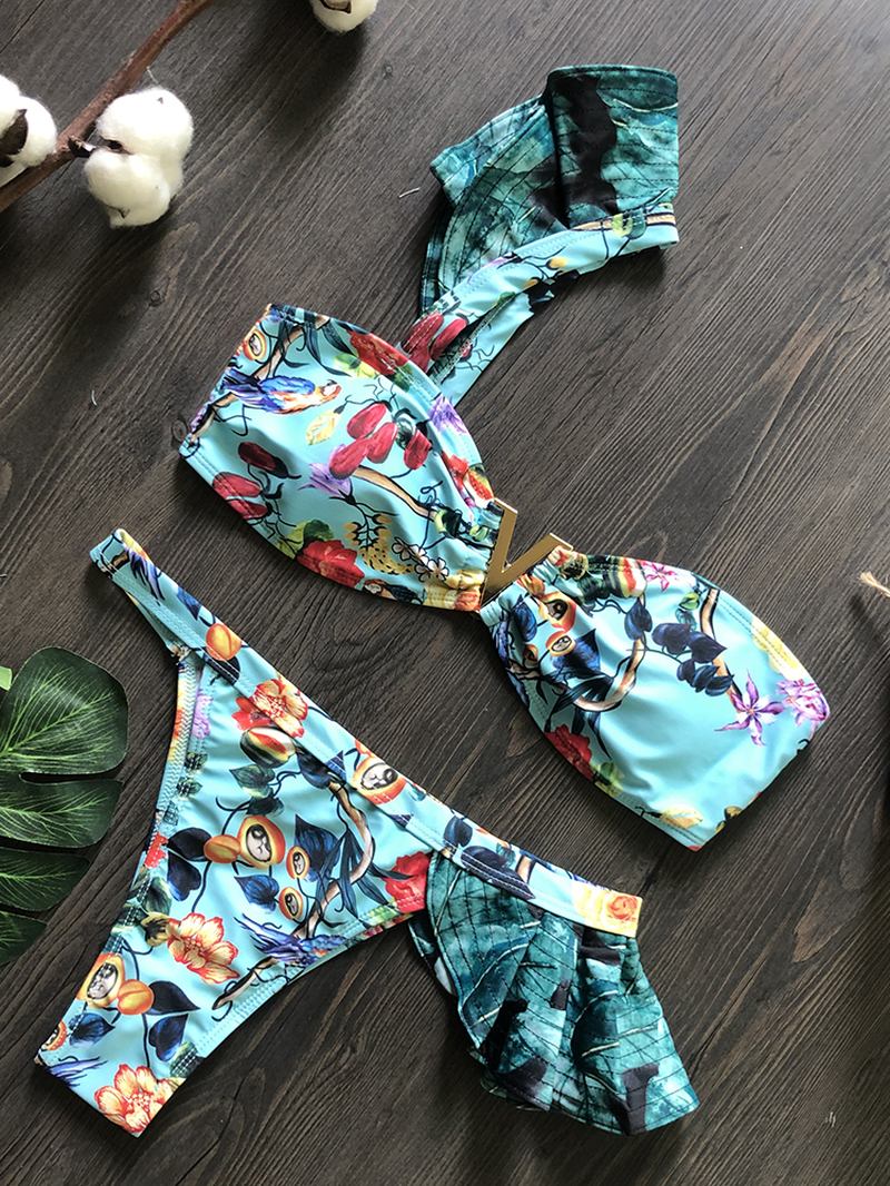 Kvinner En Skulder Blomsterutskrift Ruffle Trims Ryggløse Beach Holiday Lav Midje Bikinier