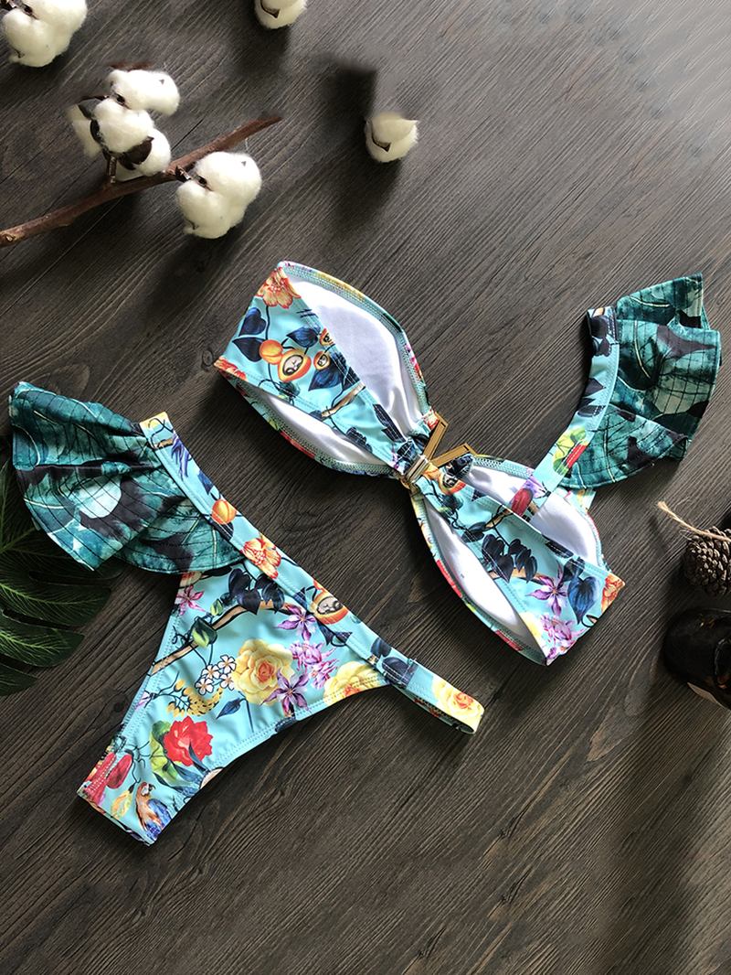 Kvinner En Skulder Blomsterutskrift Ruffle Trims Ryggløse Beach Holiday Lav Midje Bikinier