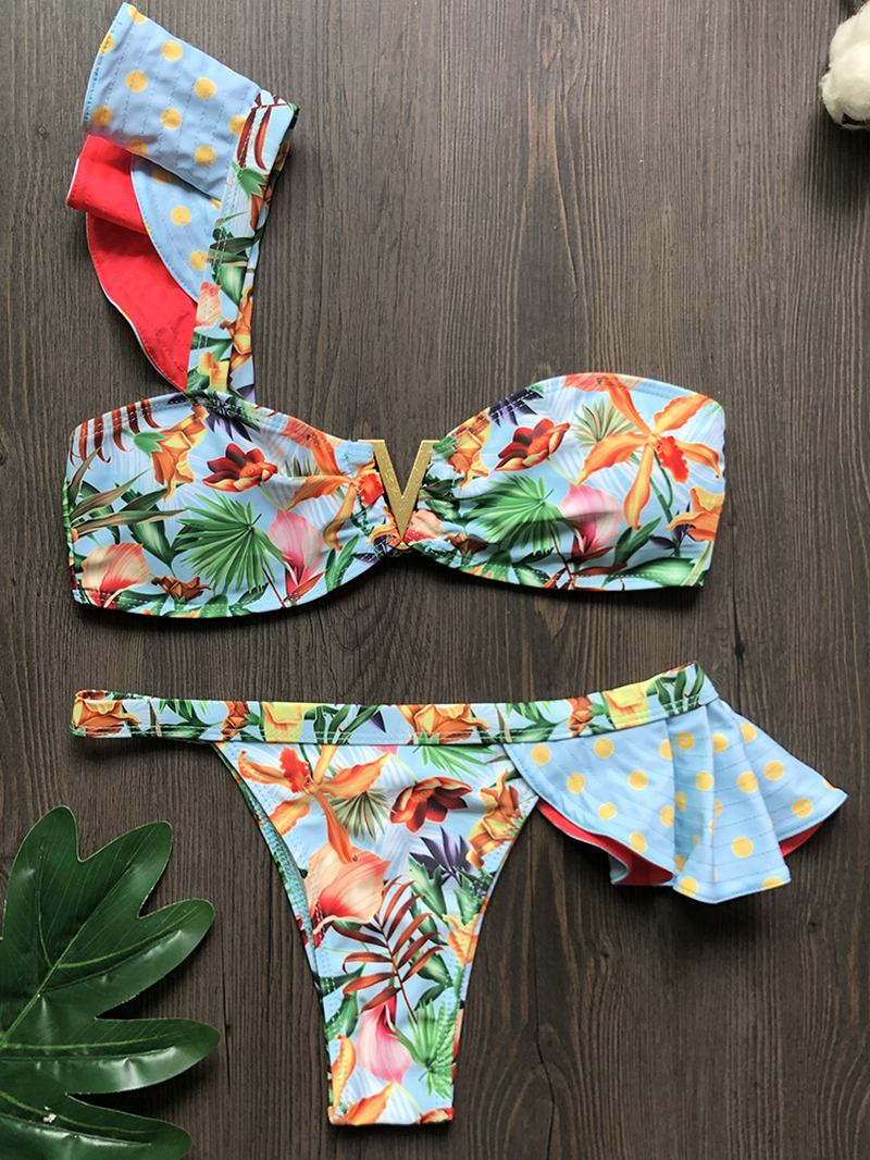 Kvinner En Skulder Blomsterutskrift Ruffle Trims Ryggløse Beach Holiday Lav Midje Bikinier