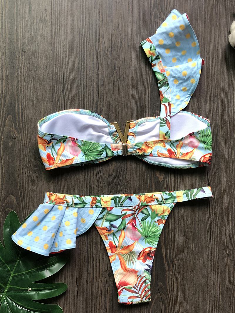 Kvinner En Skulder Blomsterutskrift Ruffle Trims Ryggløse Beach Holiday Lav Midje Bikinier