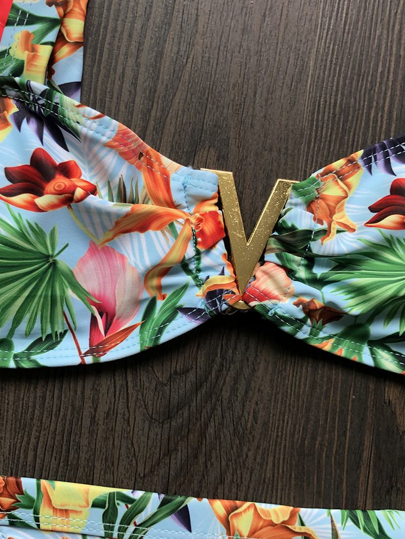 Kvinner En Skulder Blomsterutskrift Ruffle Trims Ryggløse Beach Holiday Lav Midje Bikinier