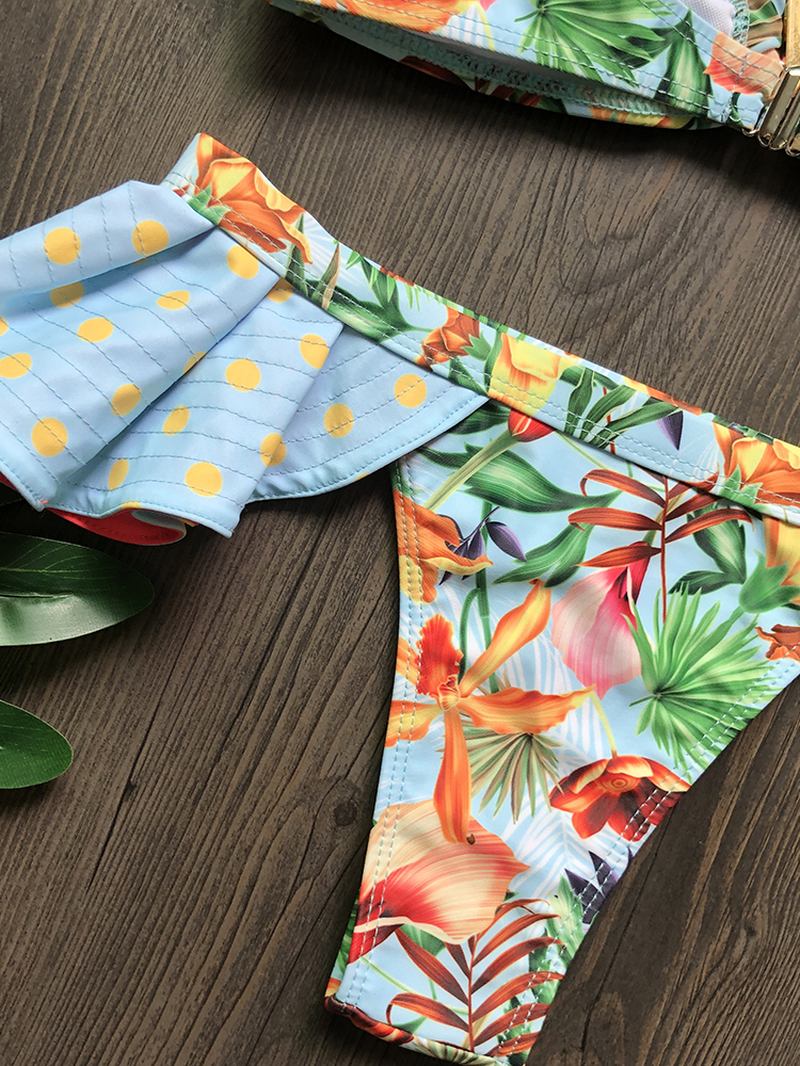 Kvinner En Skulder Blomsterutskrift Ruffle Trims Ryggløse Beach Holiday Lav Midje Bikinier