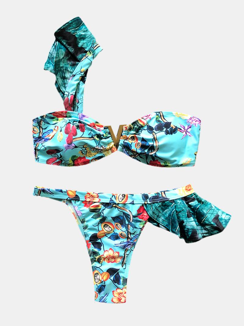 Kvinner En Skulder Blomsterutskrift Ruffle Trims Ryggløse Beach Holiday Lav Midje Bikinier