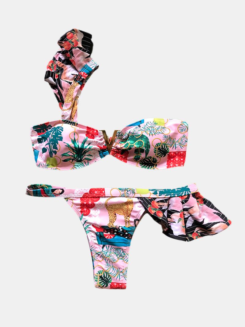 Kvinner En Skulder Blomsterutskrift Ruffle Trims Ryggløse Beach Holiday Lav Midje Bikinier