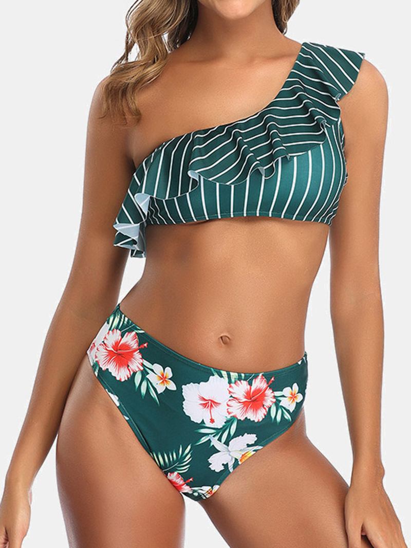 Kvinner En Skulder Ruffles Trim Bikini Backless Badedrakt