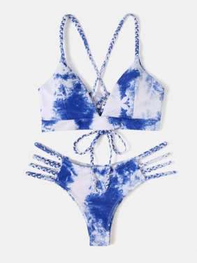 Kvinner Tie Dye Criss-cross Back Bandage Backless High Fork Bikini