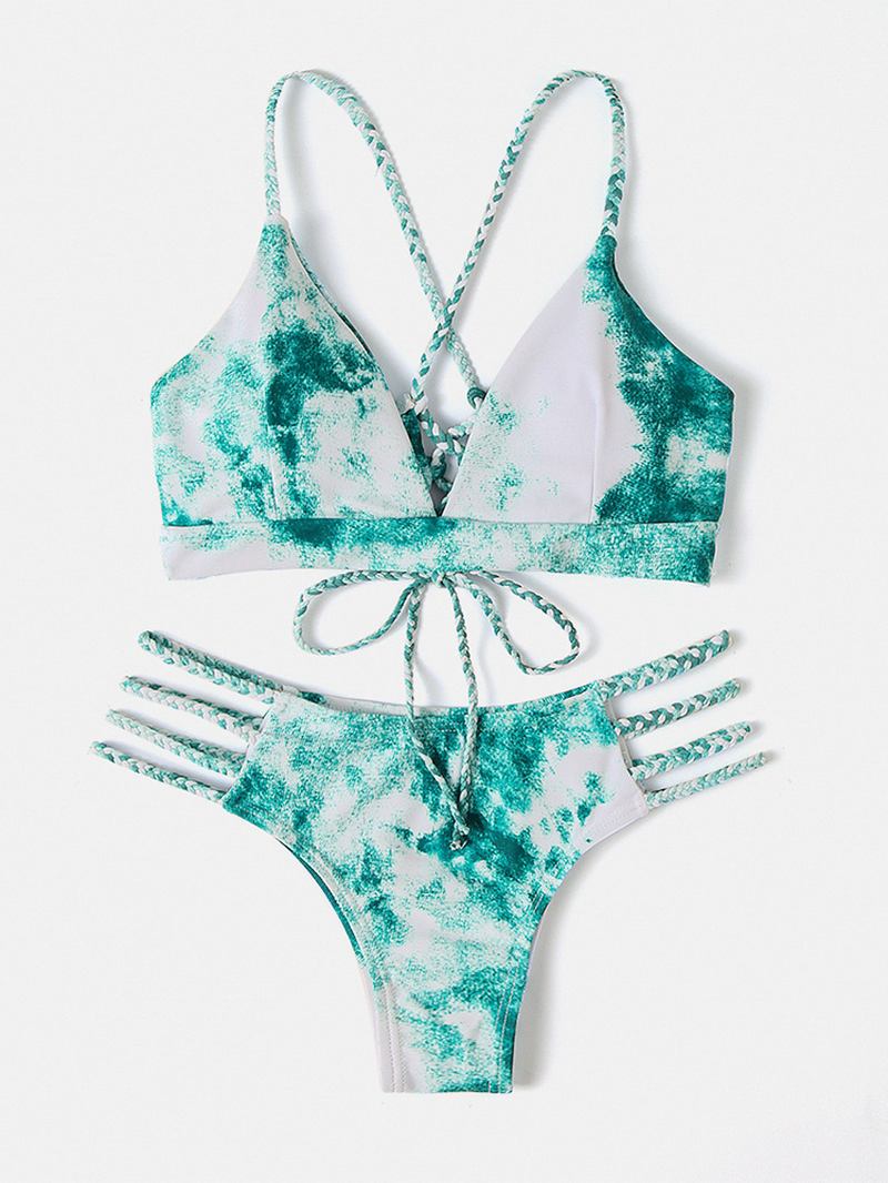 Kvinner Tie Dye Criss-cross Back Bandage Backless High Fork Bikini