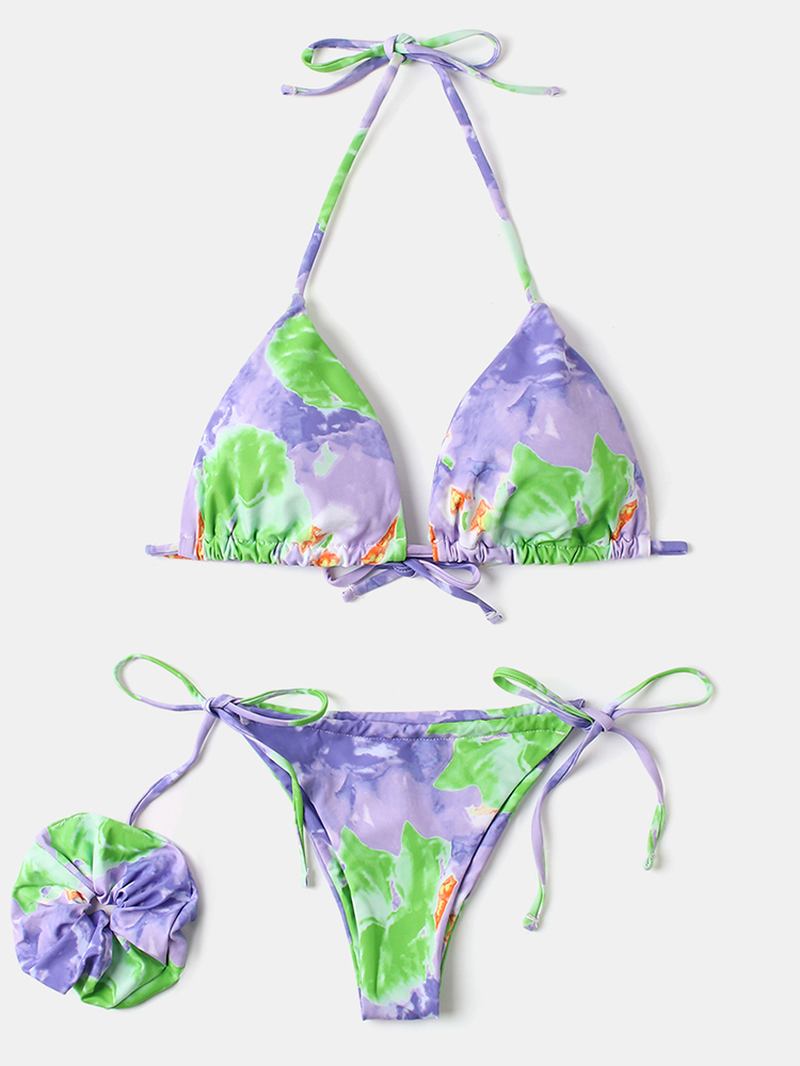 Kvinner Tie Dye Triangle Halter String Micro Bikinis Backles Beachwear Med Hand Ring