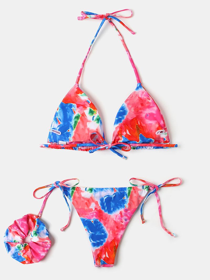 Kvinner Tie Dye Triangle Halter String Micro Bikinis Backles Beachwear Med Hand Ring